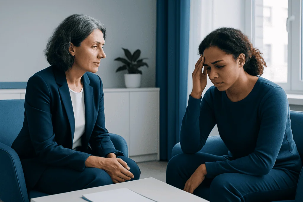 Counselor listening to a patient in a therapy session at Acibadem Hospitals Group.