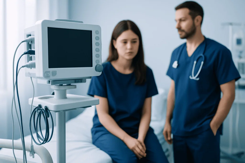 Medical consultation with a patient and doctor in a hospital room.