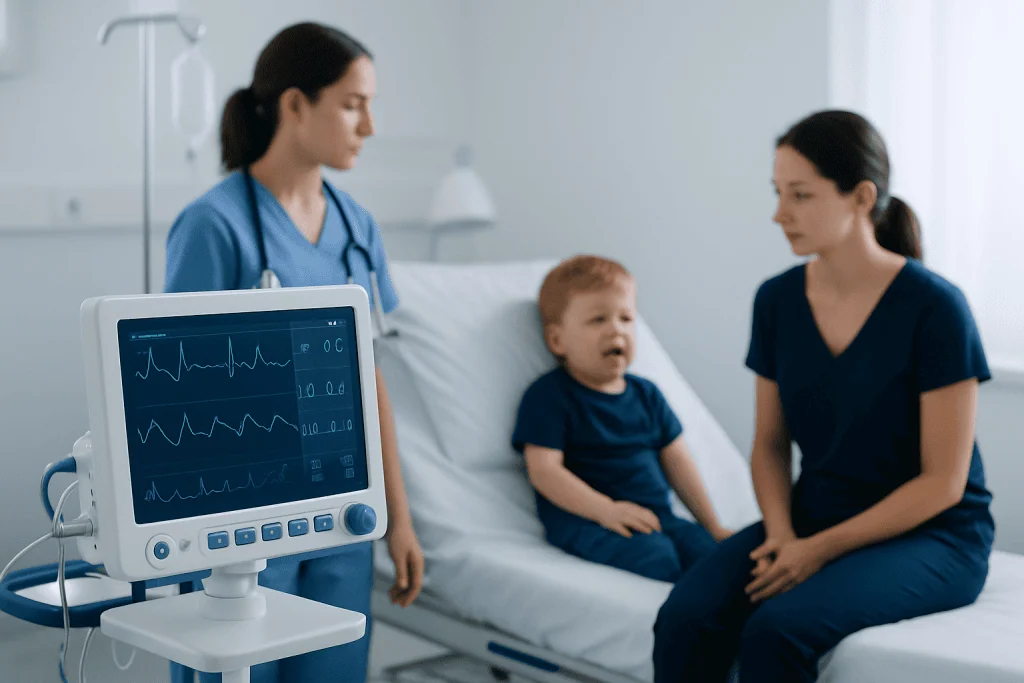 Pediatric patient with medical staff in hospital room at Acibadem Hospitals Group.