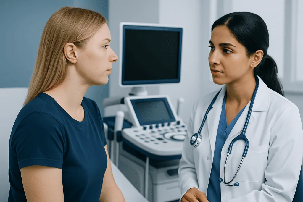 Doctor consulting with a patient in a medical examination room at Acibadem Hospitals.