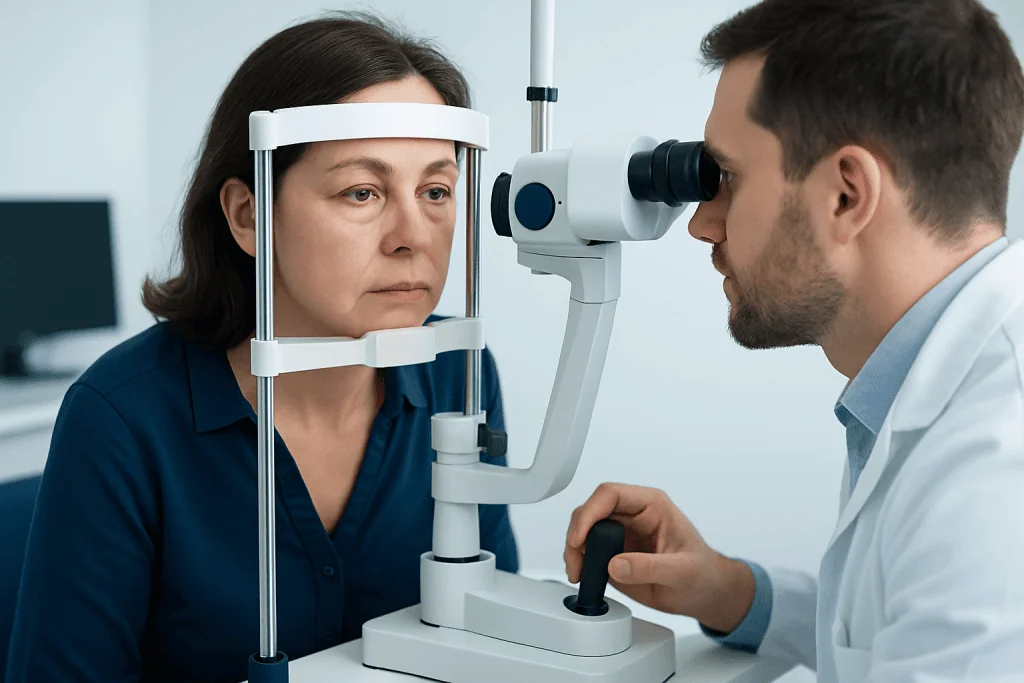 Ophthalmologist examining a woman's eyes with a slit lamp in a clinic setting.