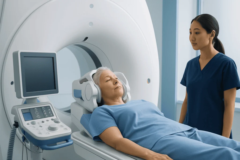 Patient undergoing MRI scan at Acibadem Hospital with medical staff present.