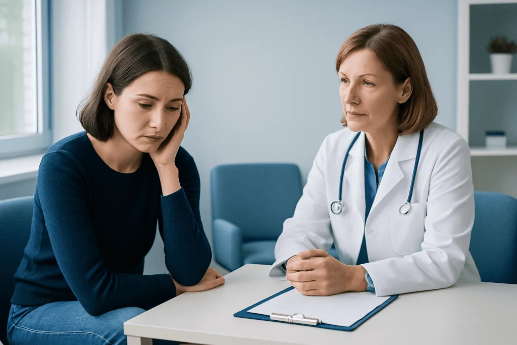 Doctor consulting with a young woman in a medical office setting.