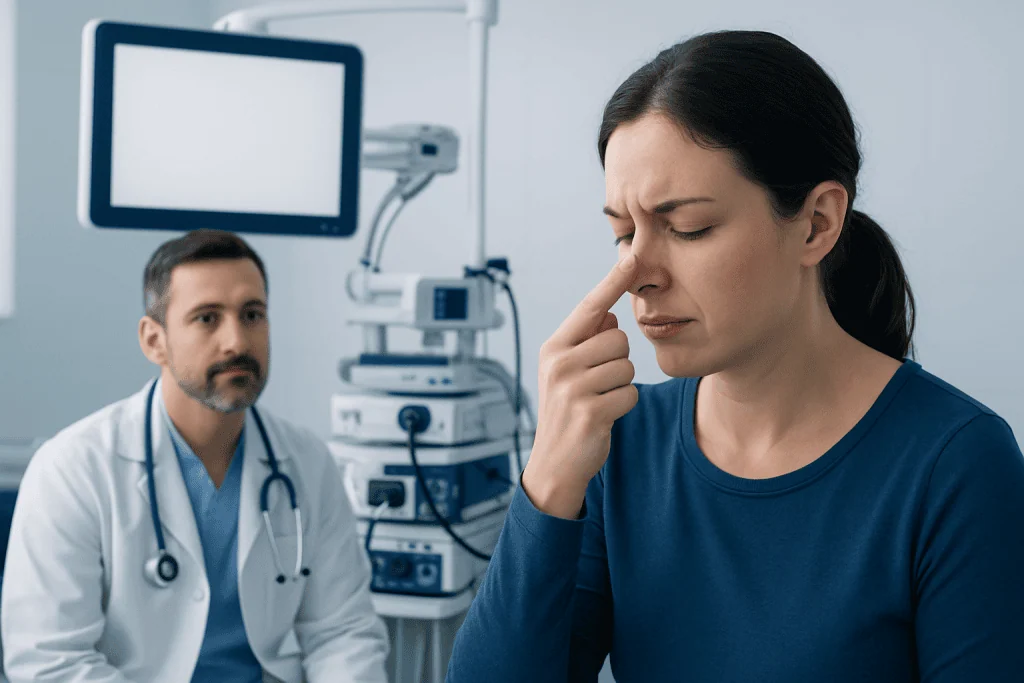 Woman with nose pain consulting a doctor in a medical clinic.