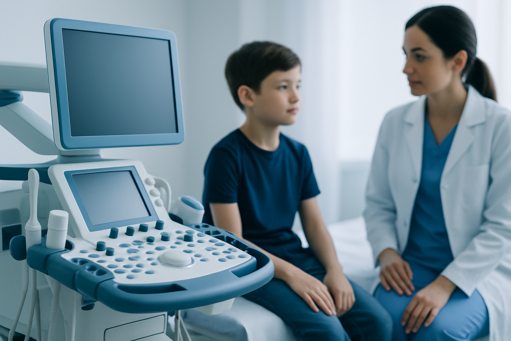 Child undergoing ultrasound examination in a medical clinic.
