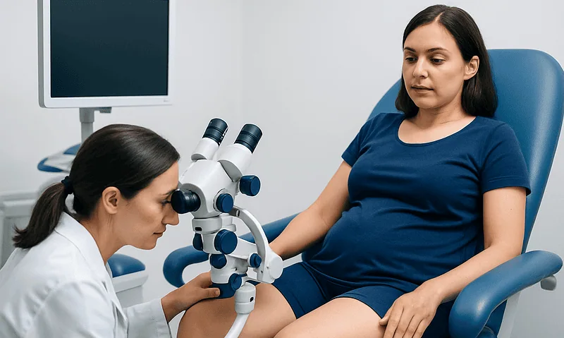 Gynecologist examining patient with microscope in clinic.