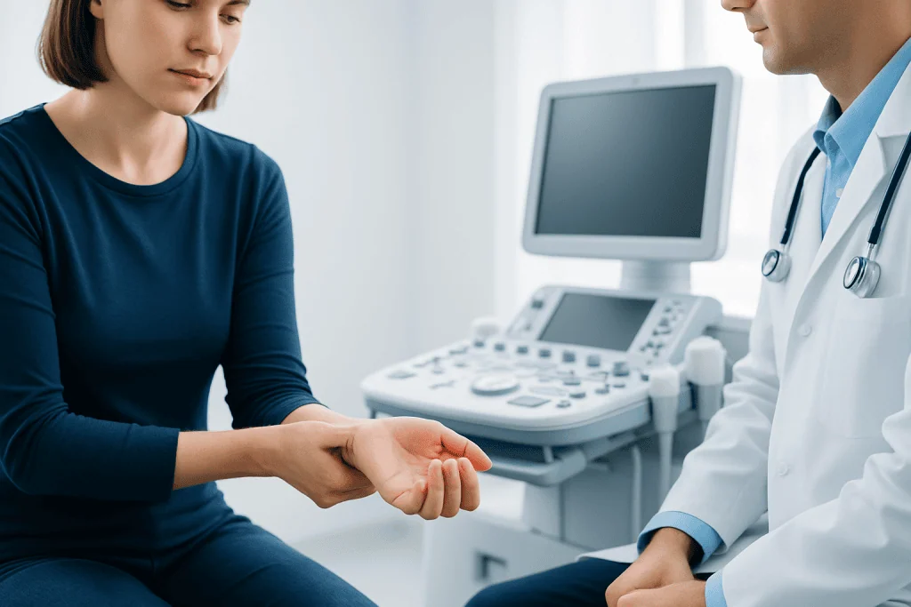 Doctor examining a patient's wrist in a medical consultation room.