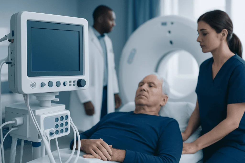 Patient undergoing MRI scan at Acibadem Hospital with medical staff present.