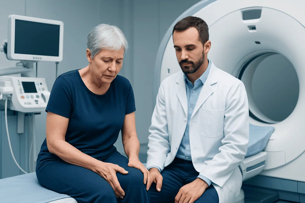 Doctor consulting with an elderly woman in a hospital setting.