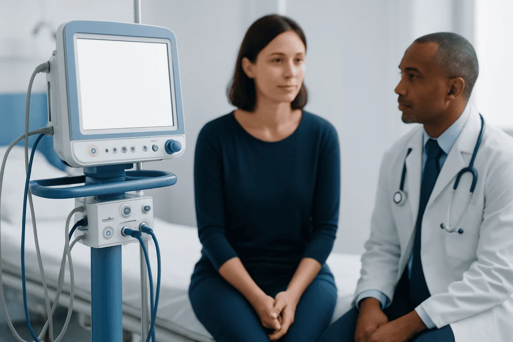 Doctor consulting a patient in a medical examination room with monitoring equipment.