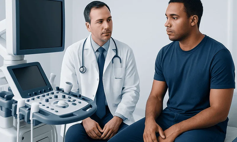 Doctor consulting with patient about health concerns in a clinical setting.