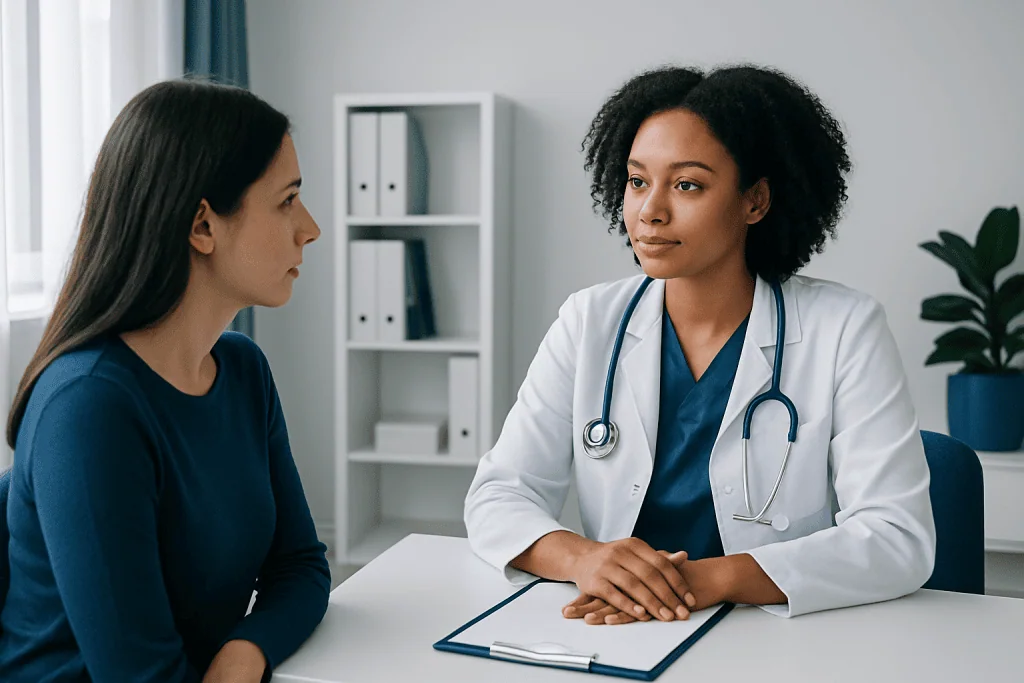 Doctor consulting with a patient in a modern medical office.