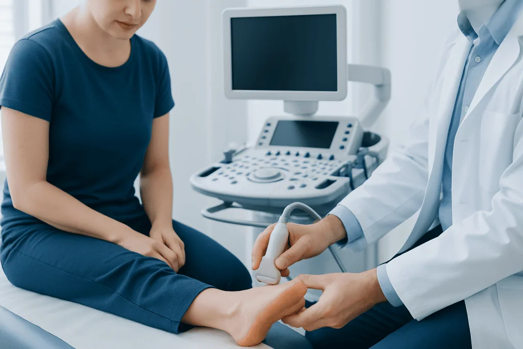 Doctor performing an ultrasound on a patient's foot in a medical clinic.