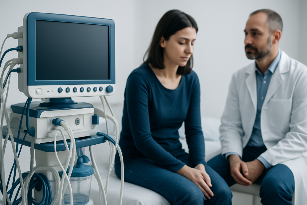 Patient in a medical consultation with a healthcare professional beside medical equipment.