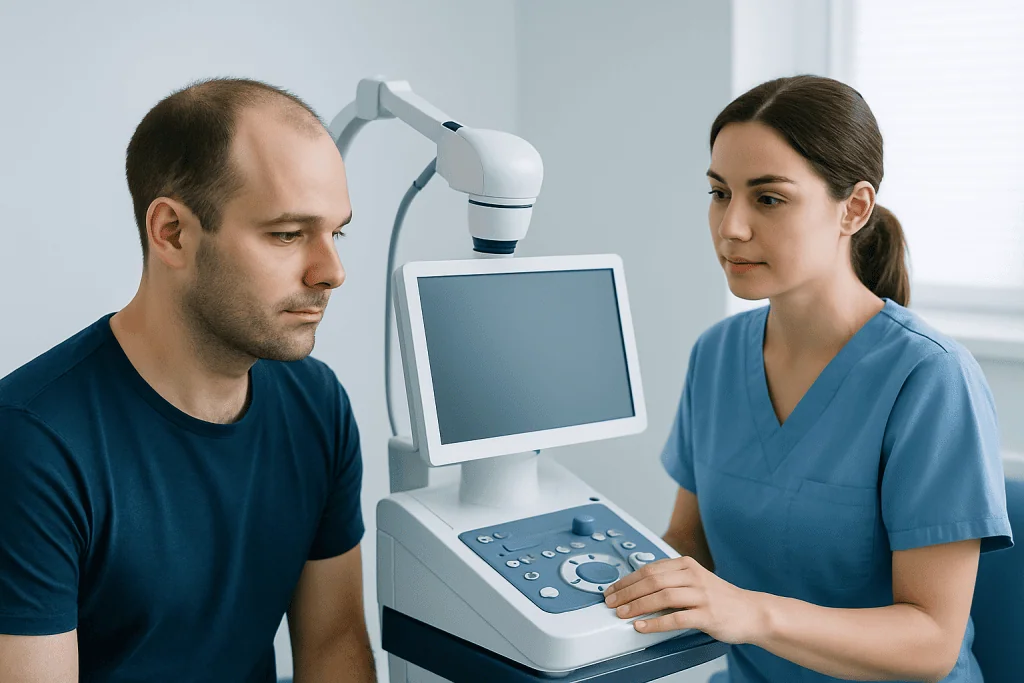 Doctor performing a hair analysis on a male patient with advanced hair loss.