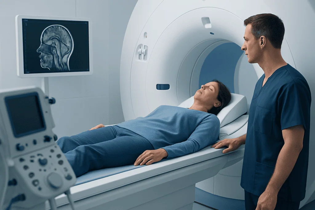 Patient undergoing brain MRI scan at Acibadem Hospital.