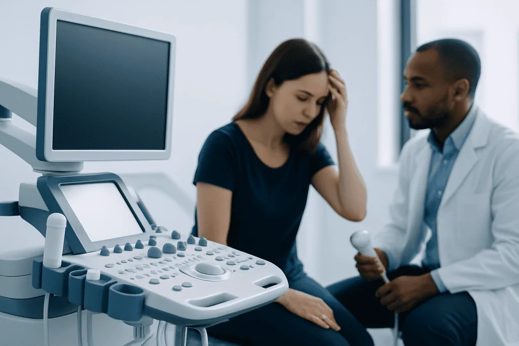 Woman worried during medical consultation about hair loss.