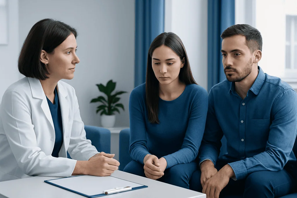 Couple consulting a medical professional about emotional relationship issues.
