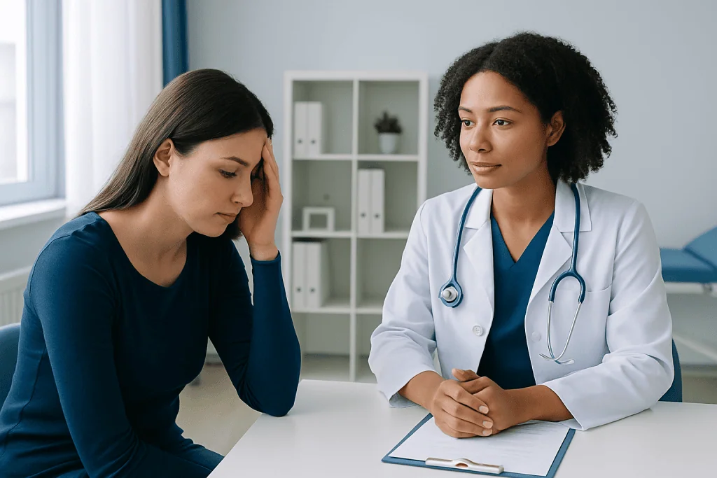 Doctor consulting with a patient in a medical office setting.