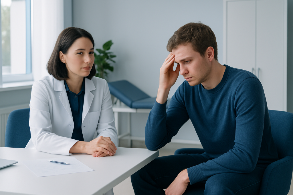 Doctor consulting with a young man about impulsive decisions in a medical setting.