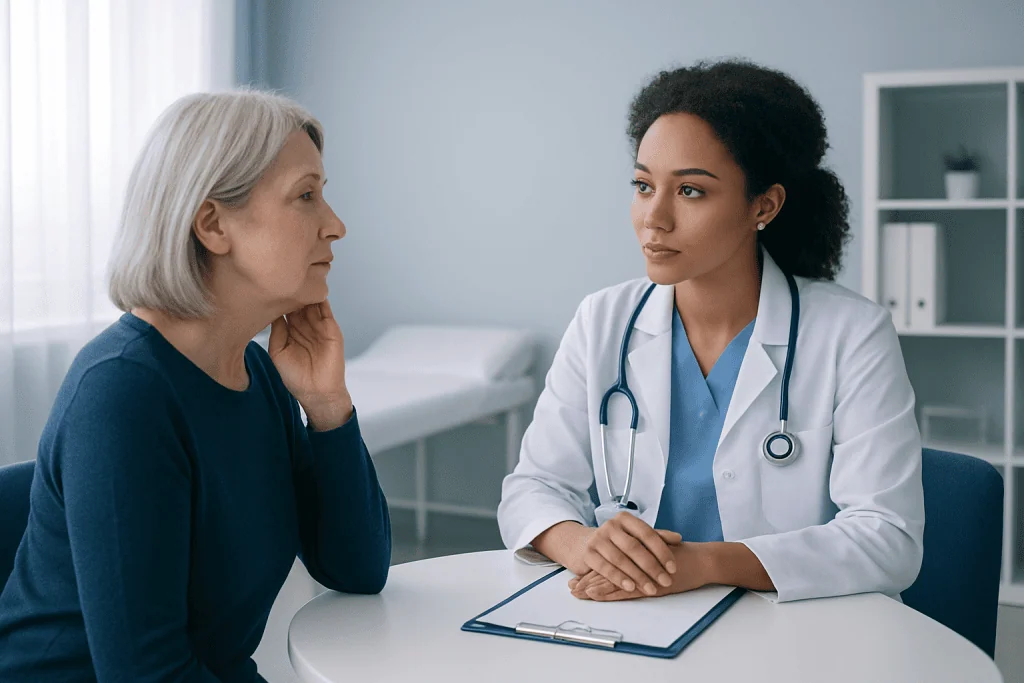 Doctor consulting with an elderly female patient in a medical office.