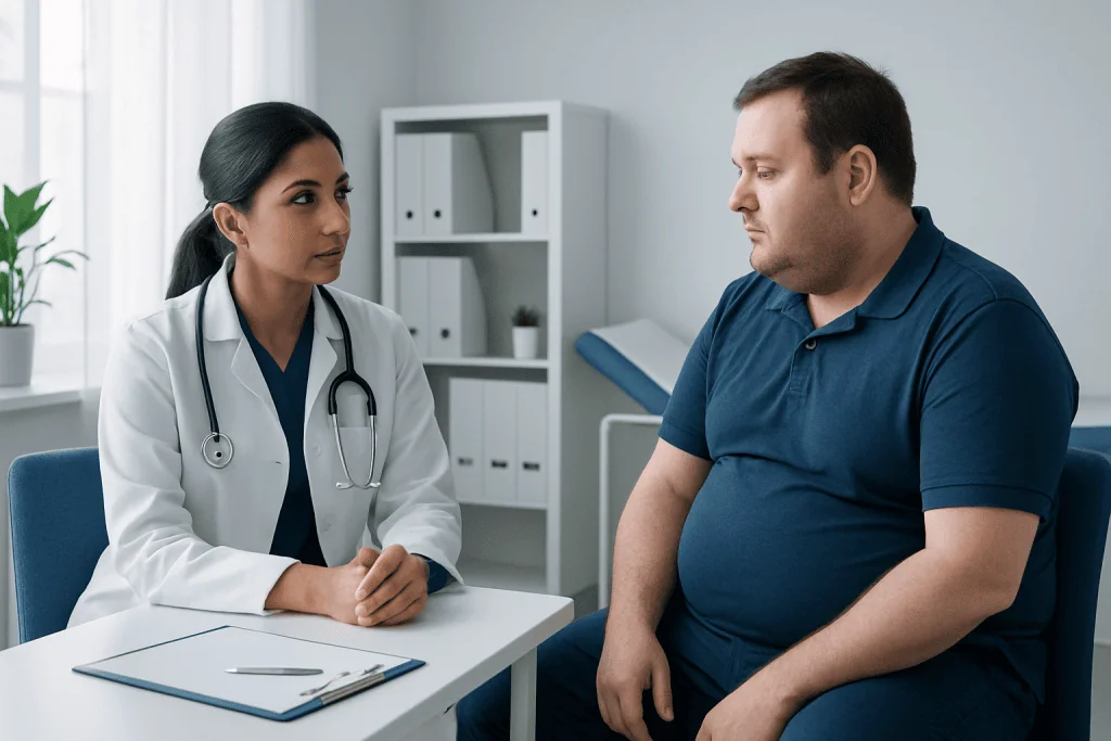 Doctor consulting a patient in a medical office setting.