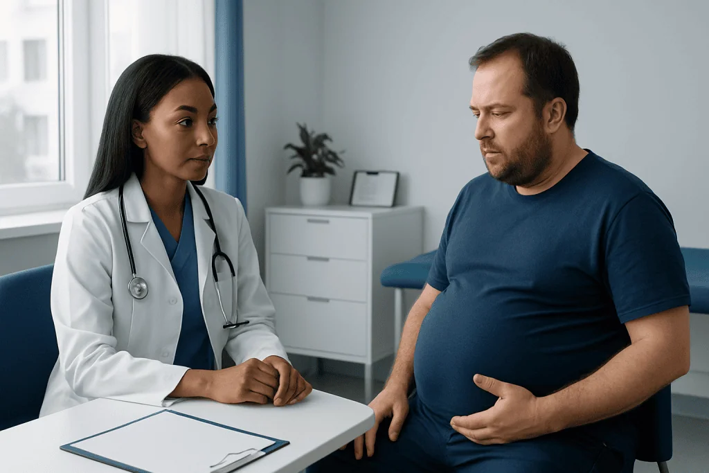 Doctor consulting with a male patient in a medical office.