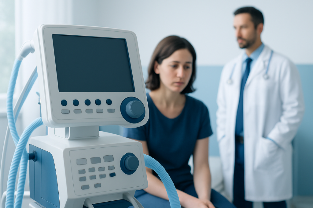 Medical professional and patient in a hospital room with monitoring equipment.