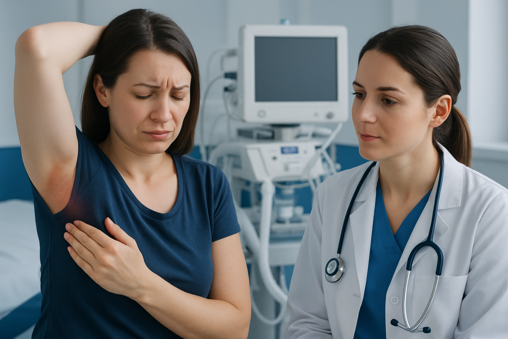 Woman with armpit rash consulting a doctor in hospital setting.