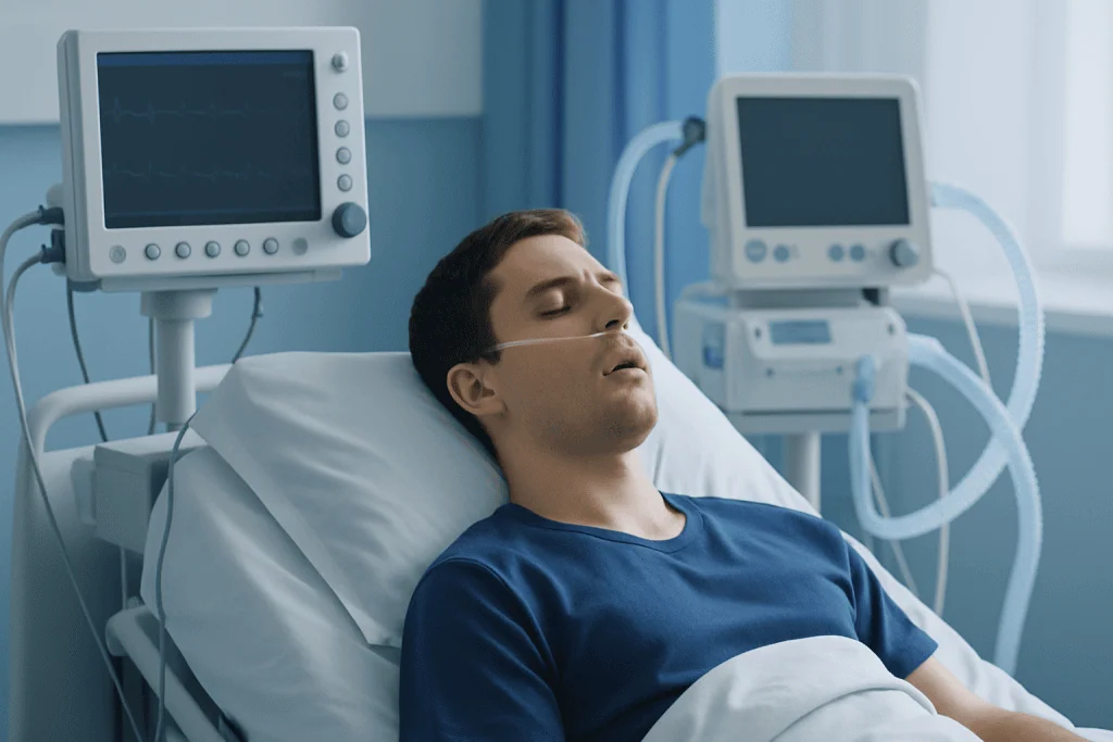Patient in hospital bed with medical monitors and breathing tube.