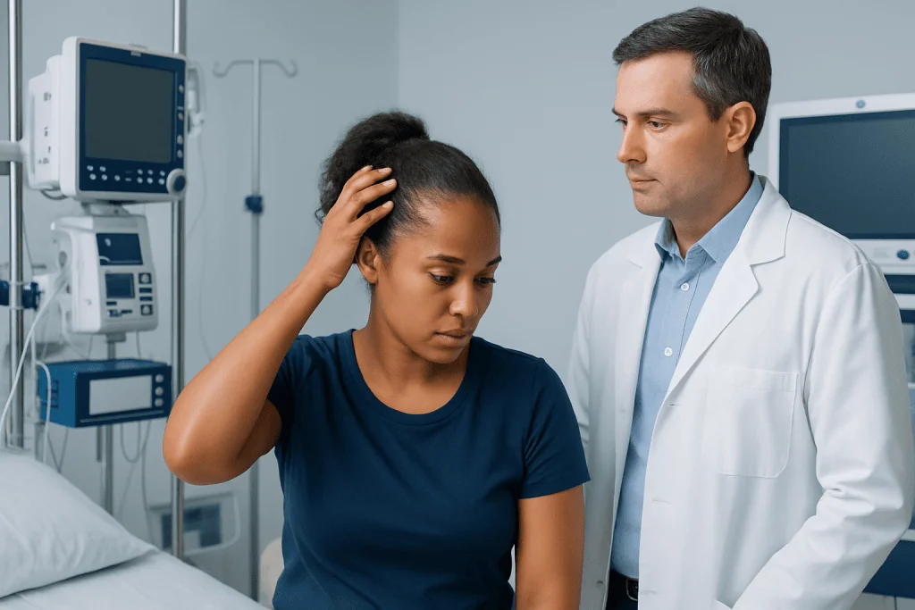 Doctor consulting with a woman about hair loss in a hospital room.