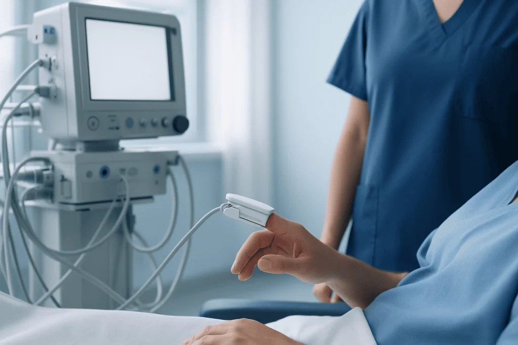 Medical professional using ultrasound device in hospital setting.