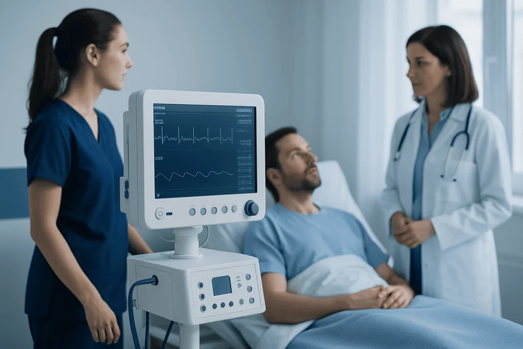 Medical team monitoring patient with ECG in hospital room.