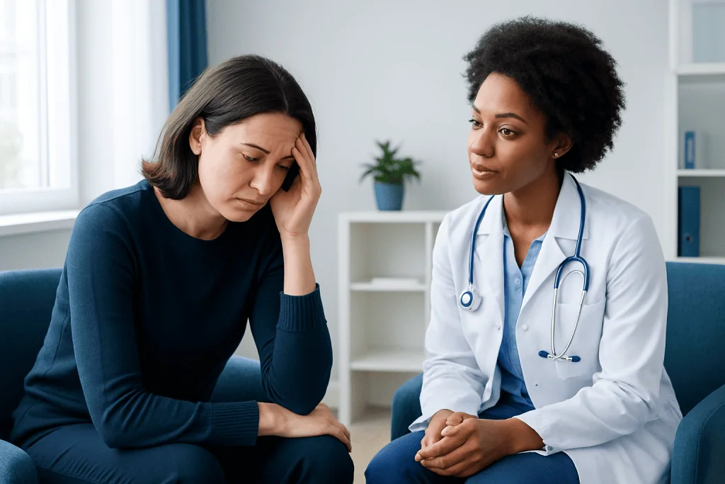 Female doctor consulting with a distressed woman in a medical office.