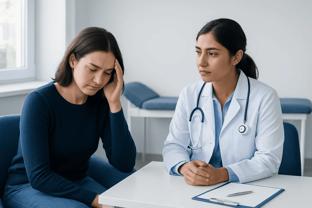 Woman experiencing headache consulting a doctor in a medical office.