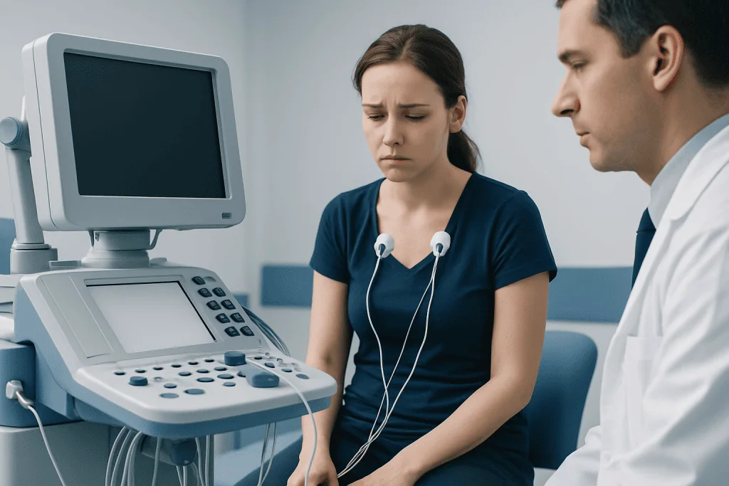Young woman at medical examination with ultrasound device, feeling anxious.