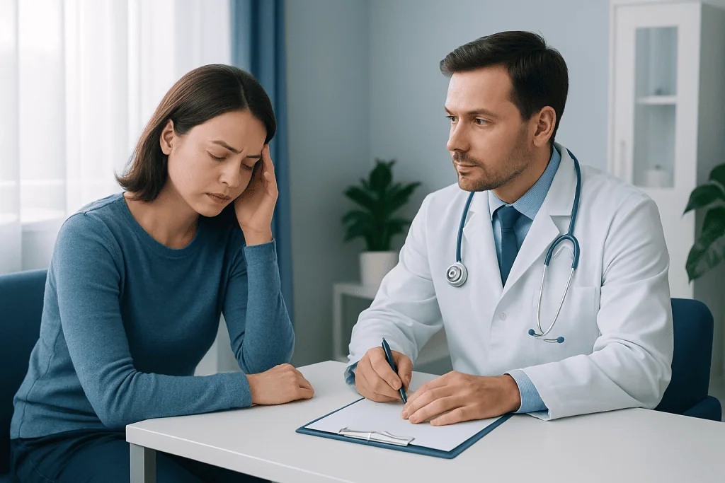 Doctor consulting with a woman patient about sleep issues in a medical office.