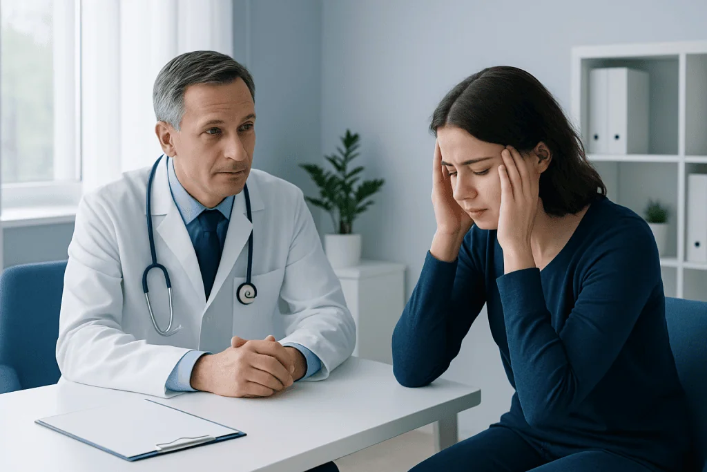 Doctor consulting with a young woman experiencing stress or anxiety.