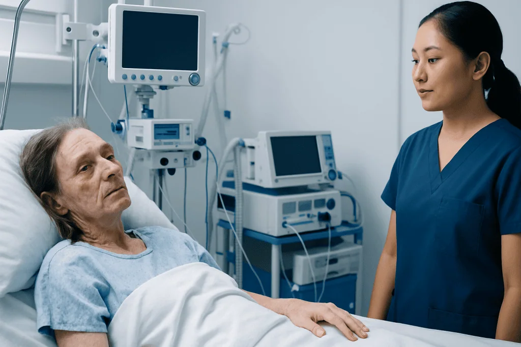 Hospital nurse consulting elderly patient in a medical room.