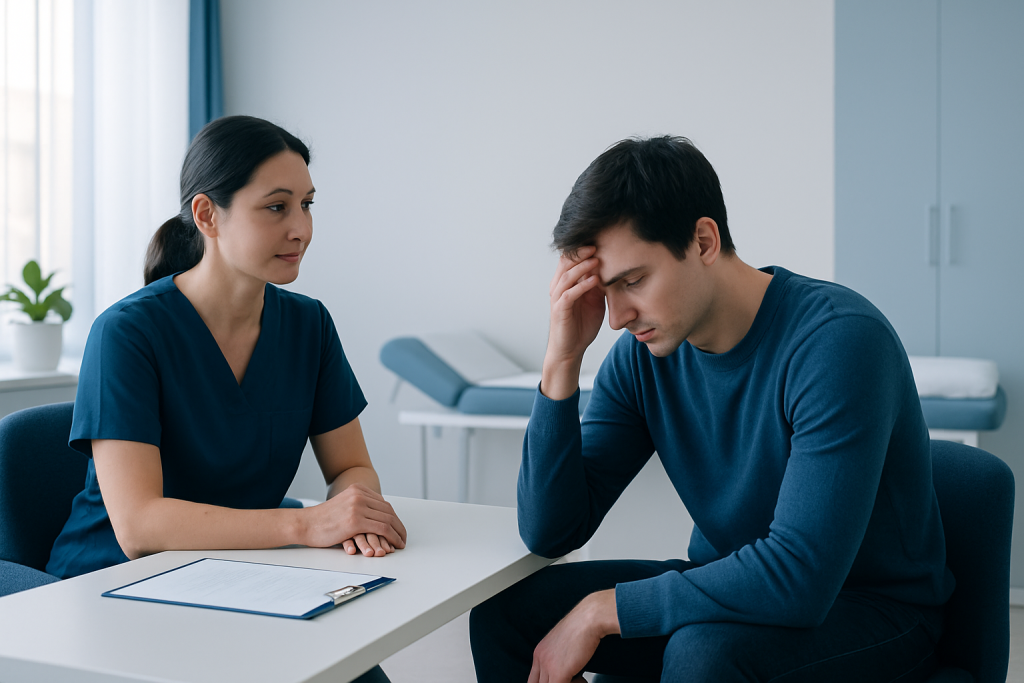 Patient consulting with a healthcare professional in a medical office.