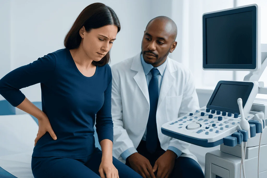 Woman consulting doctor about lower back pain in a medical clinic.