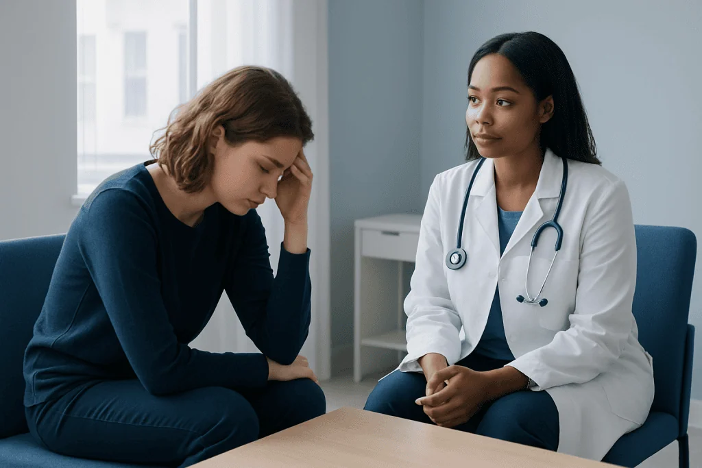 Doctor counseling a patient about childhood experiences and mental health.