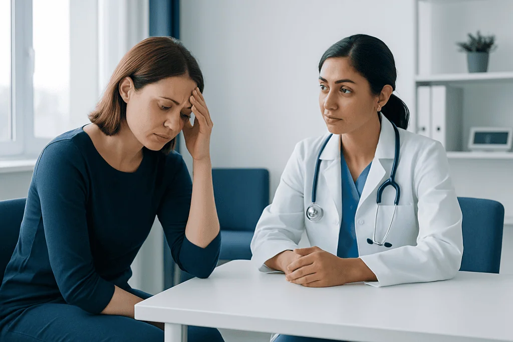 Doctor consulting with a worried female patient in a medical office.