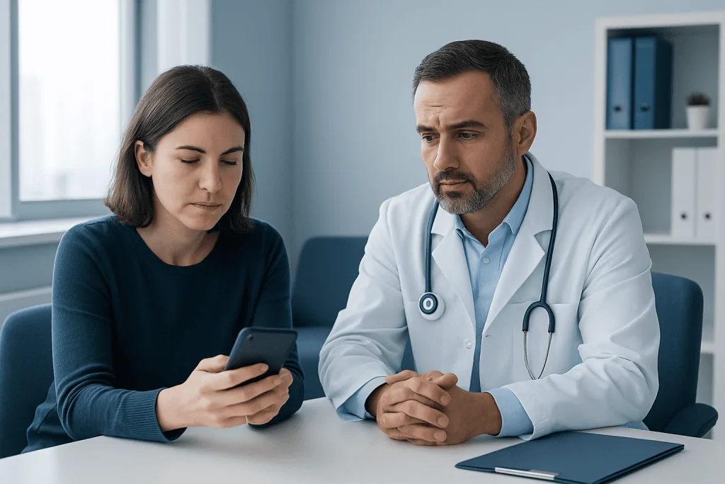 Doctor and patient discussing health concerns in a medical consultation.