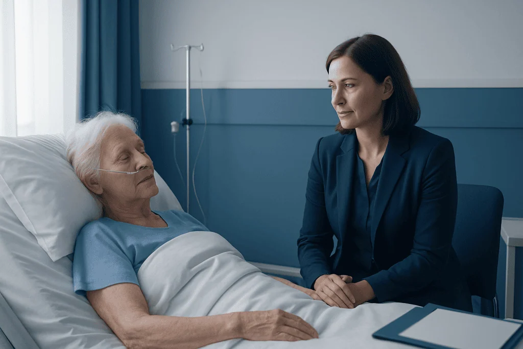 Compassionate nurse caring for elderly patient in hospital room.
