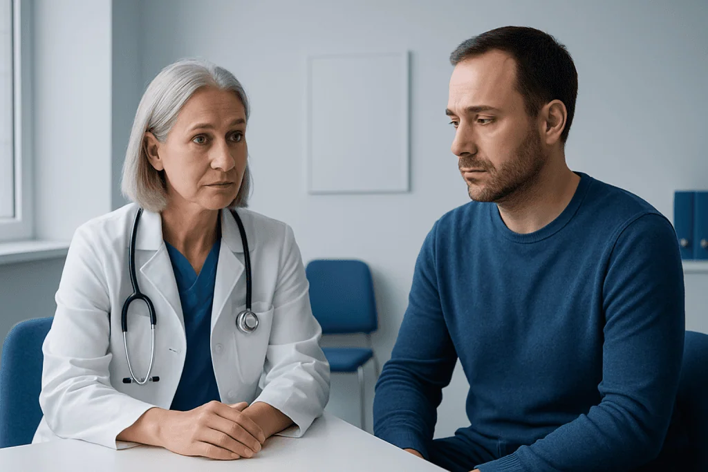 Doctor consulting with a male patient in a medical office.