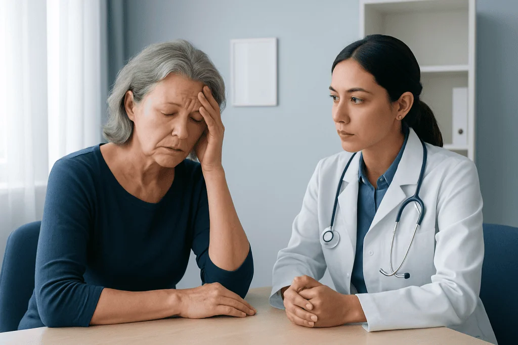Senior woman experiencing headache during medical consultation at hospital.