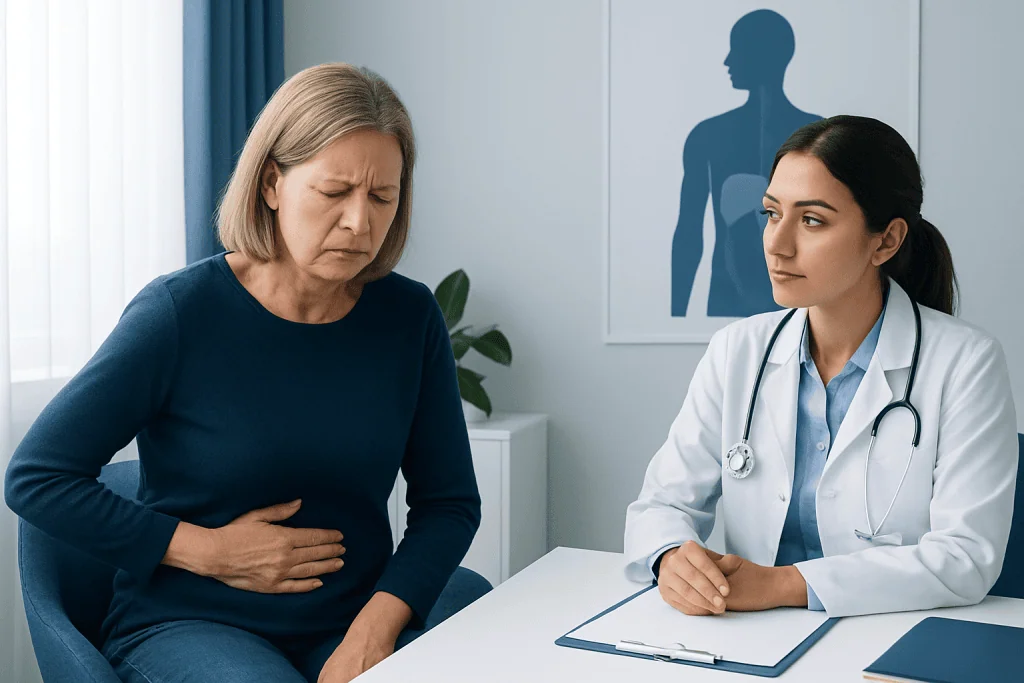 Doctor consulting with a woman patient experiencing stomach pain.