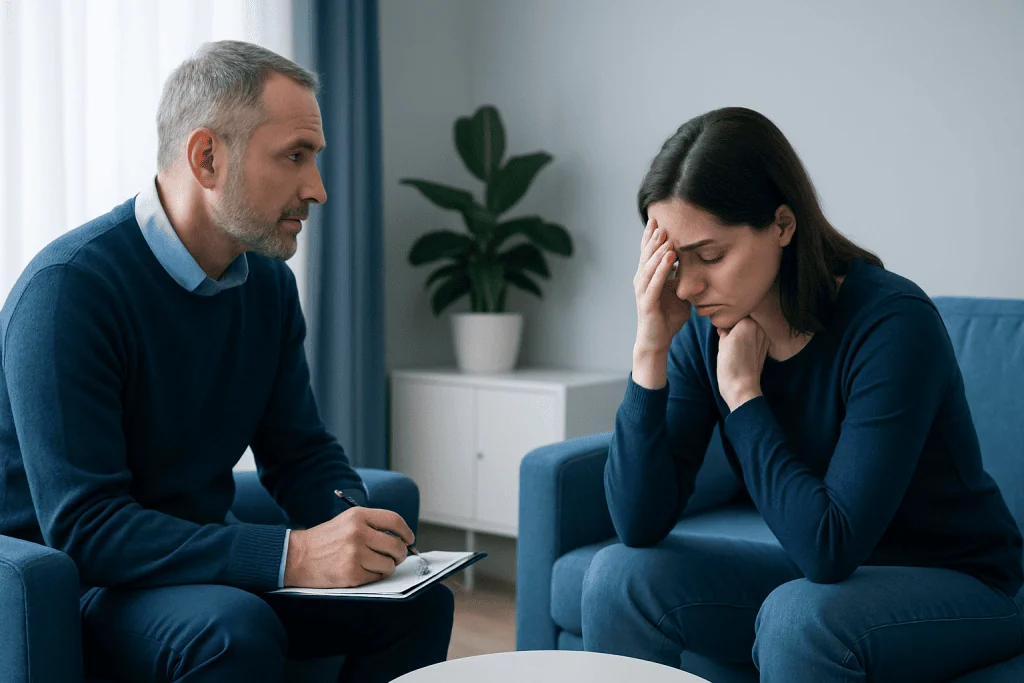 Therapist and patient discussing mental health in a therapy session.