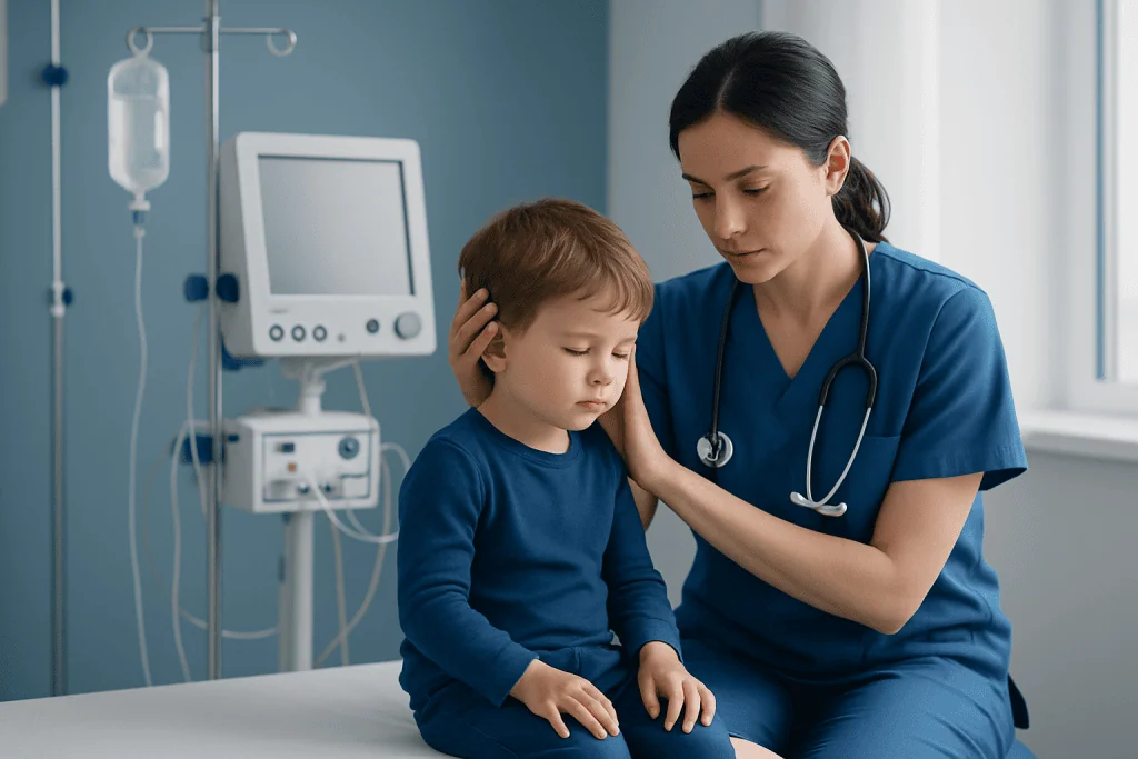 Pediatric nurse examining a young boy in a hospital room.